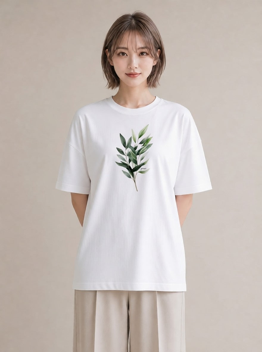グラフィックTシャツ レディース 新緑 植物 ボタニカル イラスト 旅行コーデ 社会人 女性 白T YMAZO
