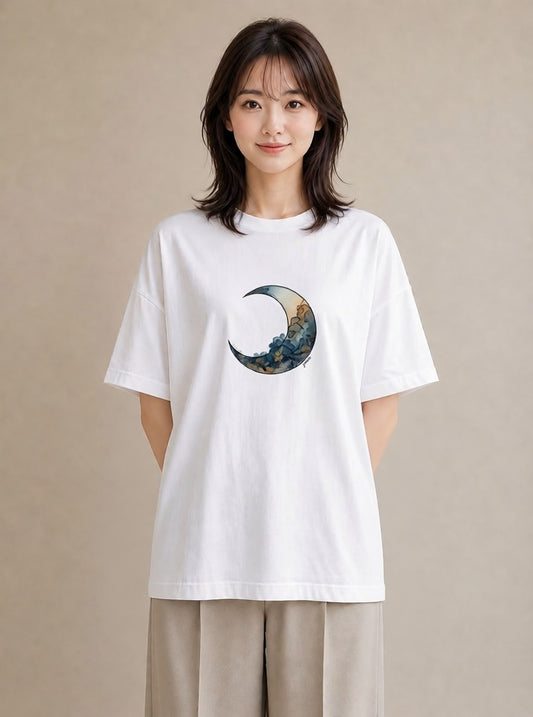 プリントTシャツ レディース 満月 星空 宇宙 イラスト モード 散歩 お出かけ 白T YMAZO