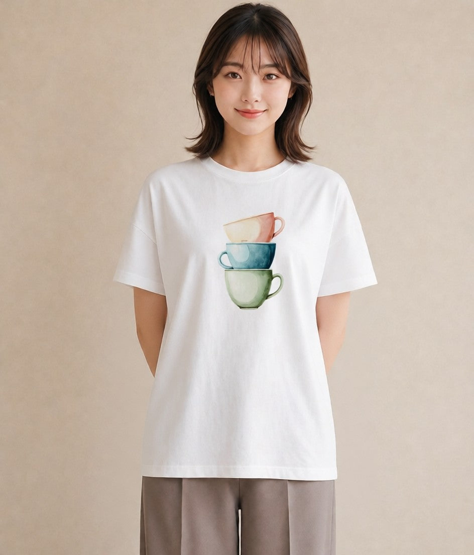 半袖Tシャツ レディース カフェオレ 食べ物 フード イラスト 上品 通勤 在宅 白T YMAZO