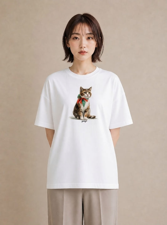 半袖Tシャツ レディース サバトラ 猫 ねこ イラスト シック ビーチ デイリーウェア 白T YMAZO