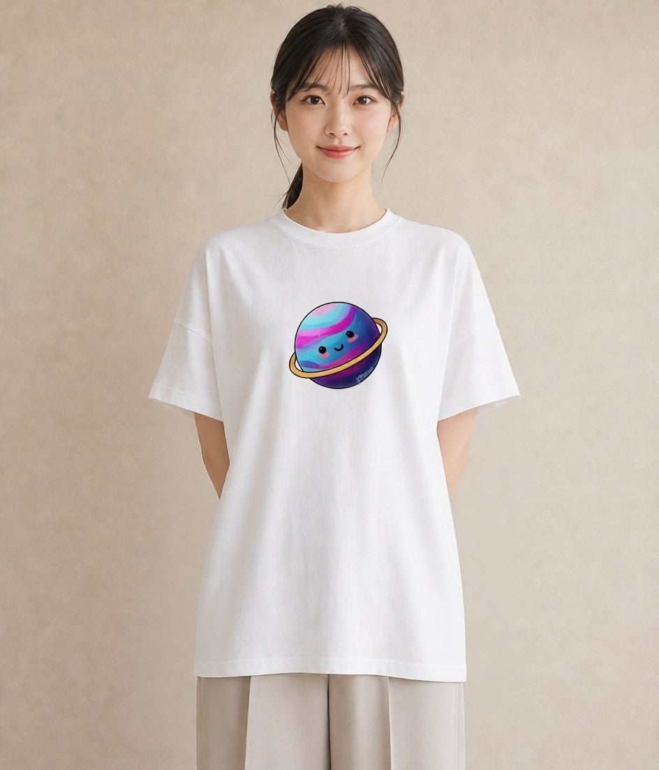 グラフィックTシャツ レディース 土星 星空 宇宙 イラスト 旅行コーデ 通勤 在宅 白T YMAZO