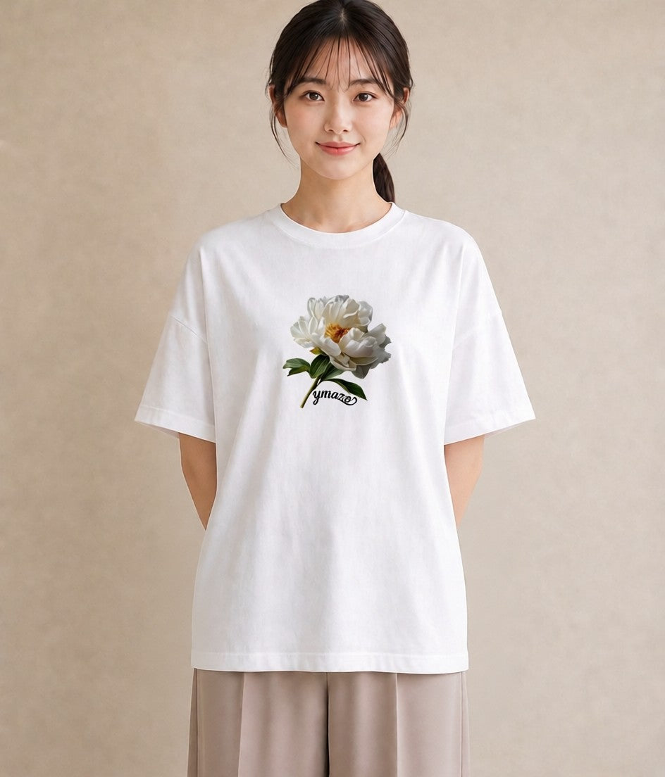 半袖Tシャツ レディース 牡丹 花 花柄 イラスト きれいめカジュアル 旅行用 海 白T YMAZO