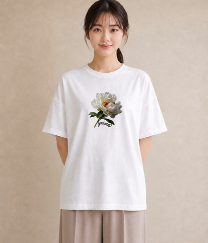 半袖Tシャツ レディース 牡丹 花 花柄 イラスト きれいめカジュアル 旅行用 海 白T YMAZO