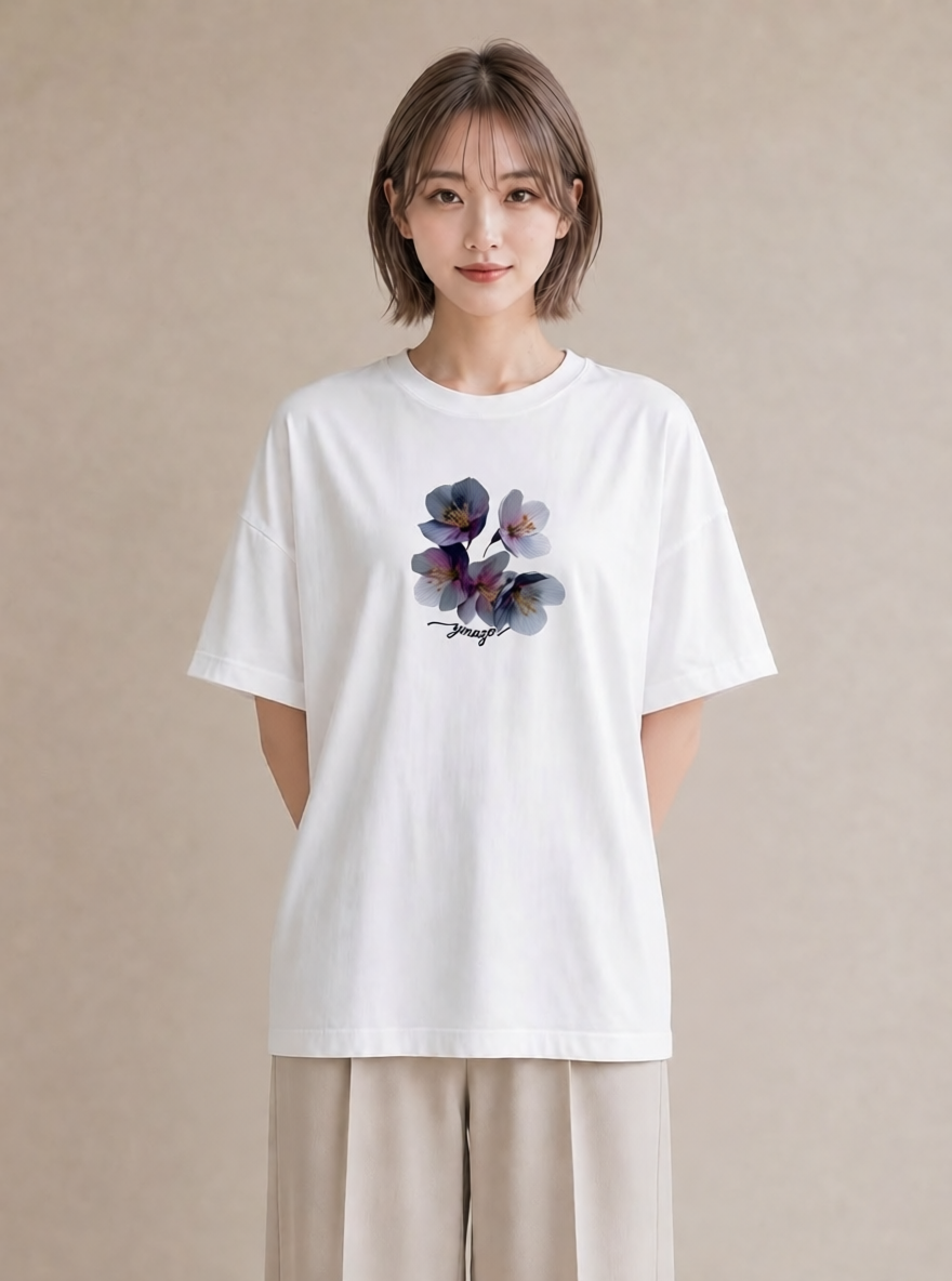 Tシャツ レディース スミレ 花 花柄 イラスト 韓国風 ビーチ デイリーウェア 白T