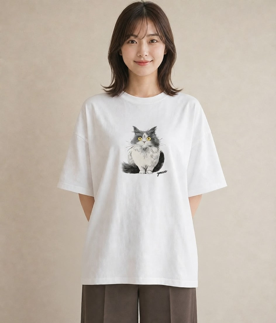 グラフィックTシャツ レディース 猫 ねこ イラスト ミニマル ルームウェア ギフト 白T YMAZO