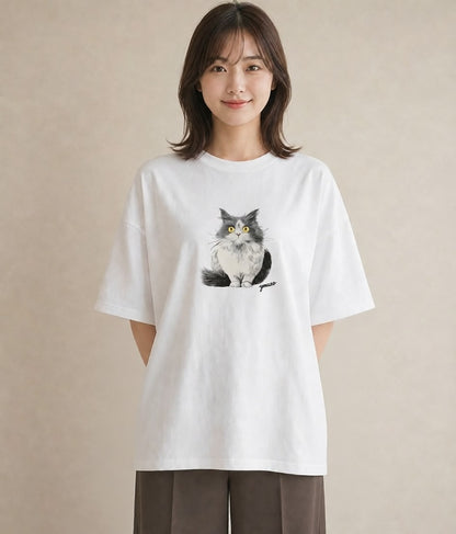 グラフィックTシャツ レディース 猫 ねこ イラスト ミニマル ルームウェア ギフト 白T YMAZO