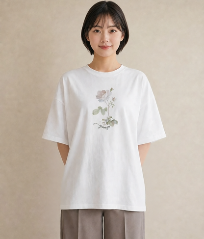 半袖Tシャツ レディース バラ 薔薇 ローズ 花 花柄 イラスト 可愛い デイリーウェア 休日 白T YMAZO