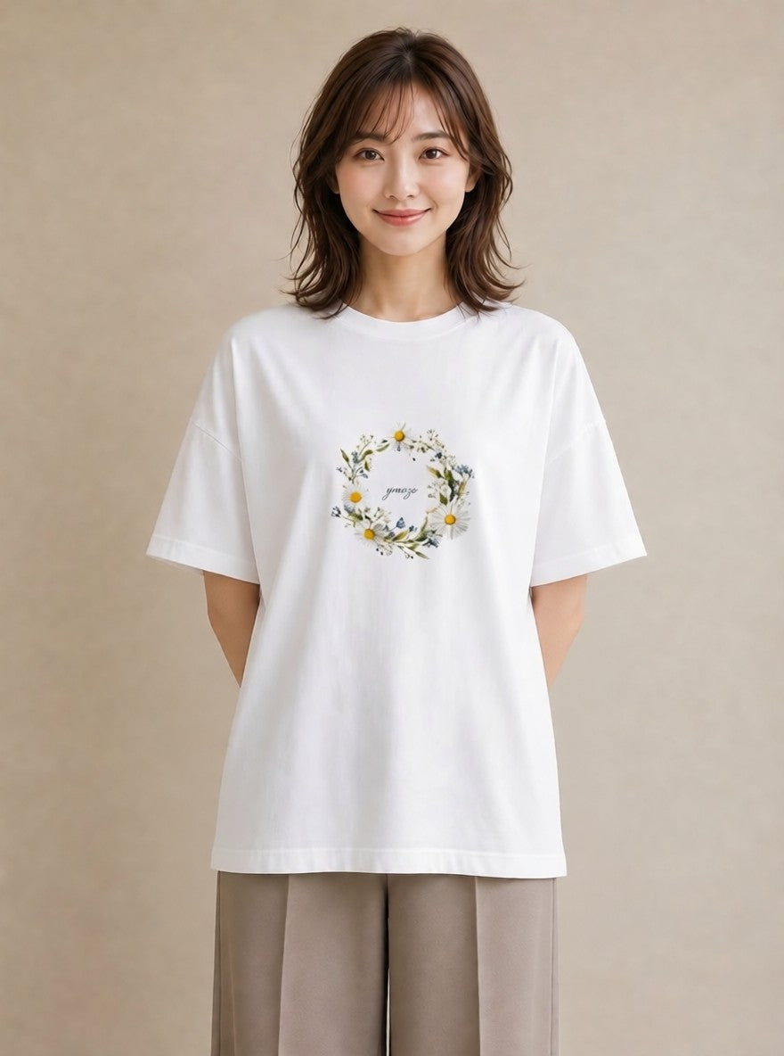 Tシャツ レディース デイジー 花 花柄 イラスト シンプル 春服 ミセス 白T YMAZO