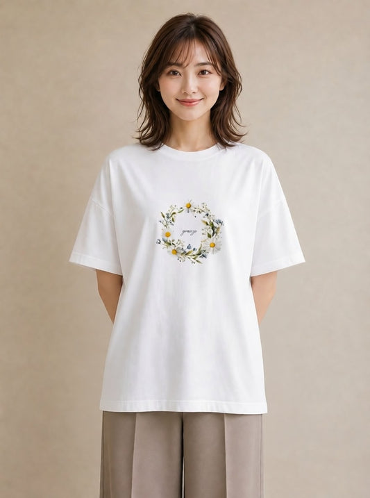 Tシャツ レディース デイジー 花 花柄 イラスト シンプル 春服 ミセス 白T YMAZO