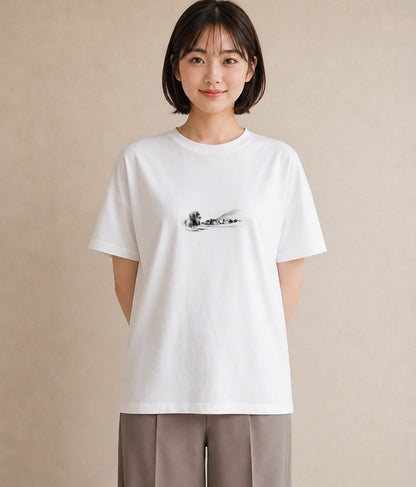 半袖Tシャツ レディース 遠い家と鳥 風景 鳥 ナチュラル アンティーク イラスト きれいめ 秋コーデ おしゃれギフト 白T YMAZO