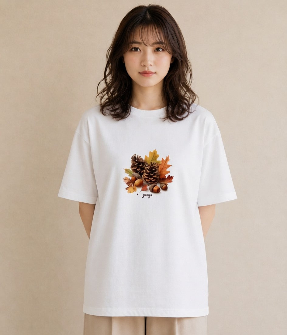グラフィックTシャツ レディース 松ぼっくり 植物 ボタニカル イラスト ラフ 秋コーデ おしゃれギフト 白T YMAZO