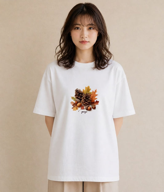 グラフィックTシャツ レディース 松ぼっくり 植物 ボタニカル イラスト ラフ 秋コーデ おしゃれギフト 白T YMAZO