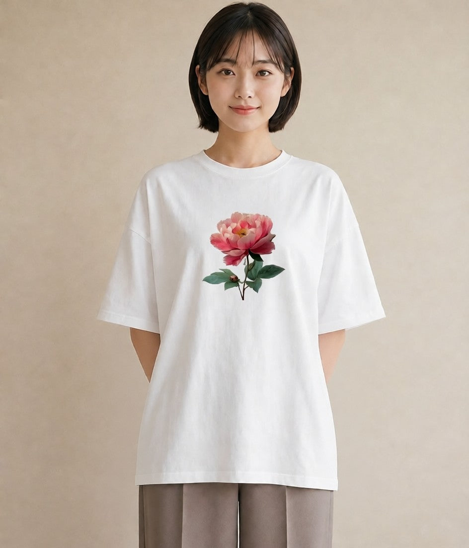 プリントTシャツ レディース 牡丹 花 花柄 イラスト こなれ感 春服 ミセス 白T YMAZO