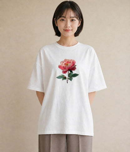 プリントTシャツ レディース 牡丹 花 花柄 イラスト こなれ感 春服 ミセス 白T YMAZO
