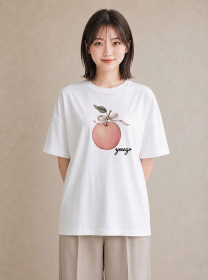 プリントTシャツ レディース りんご 林檎 アップル 食べ物 フード イラスト ガーリー 帰省 ラフ 白T YMAZO