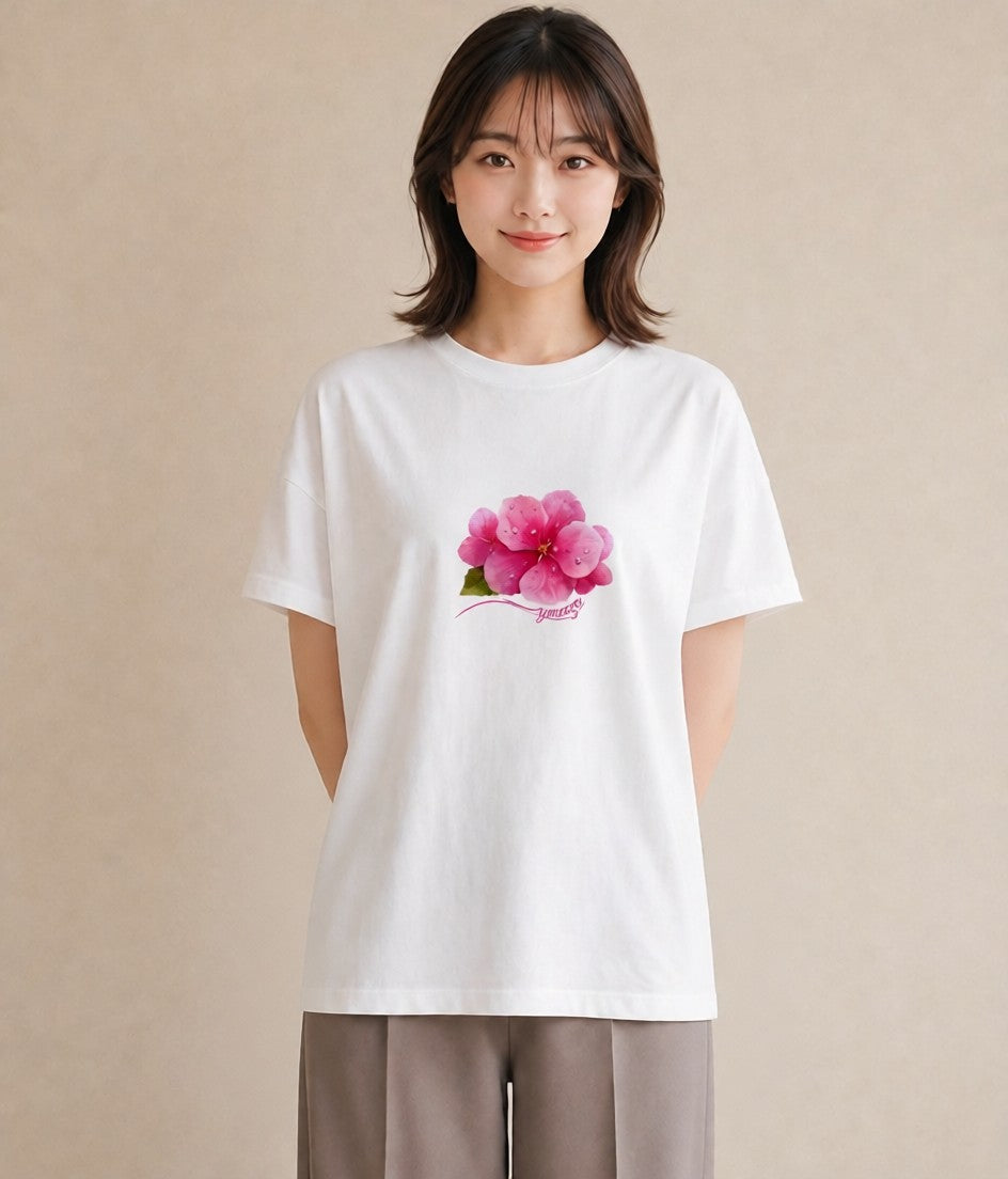 半袖Tシャツ レディース 椿 花 花柄 イラスト 個性的 ギフト 母の日 白T YMAZO