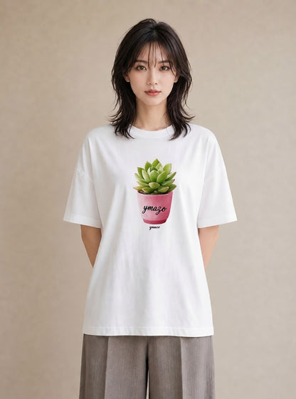 プリントTシャツ レディース 多肉植物 植物 ボタニカル イラスト ゆるかわ 20代 カジュアルコーデ 白T YMAZO
