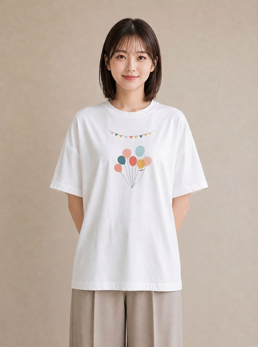 プリントTシャツ レディース 紙風船 和紙 ナチュラル アンティーク イラスト レトロ 自分用 ルームウェア 白T YMAZO