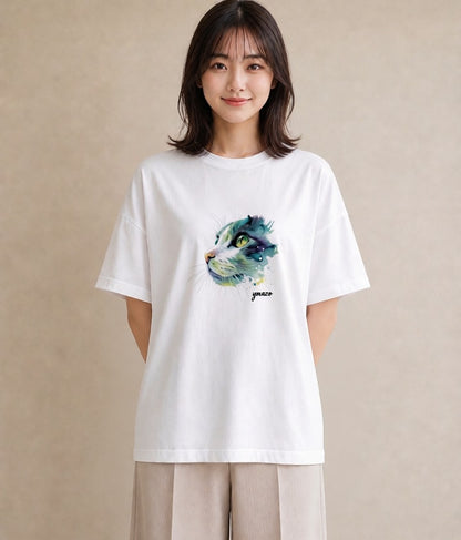 Tシャツ レディース ブリティッシュショートヘア 猫 ねこ イラスト 上品 社会人 女性 白T YMAZO