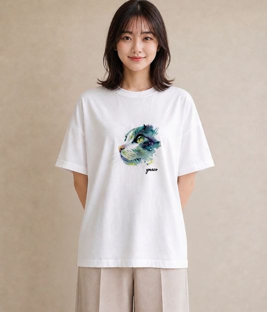 Tシャツ レディース ブリティッシュショートヘア 猫 ねこ イラスト 上品 社会人 女性 白T YMAZO