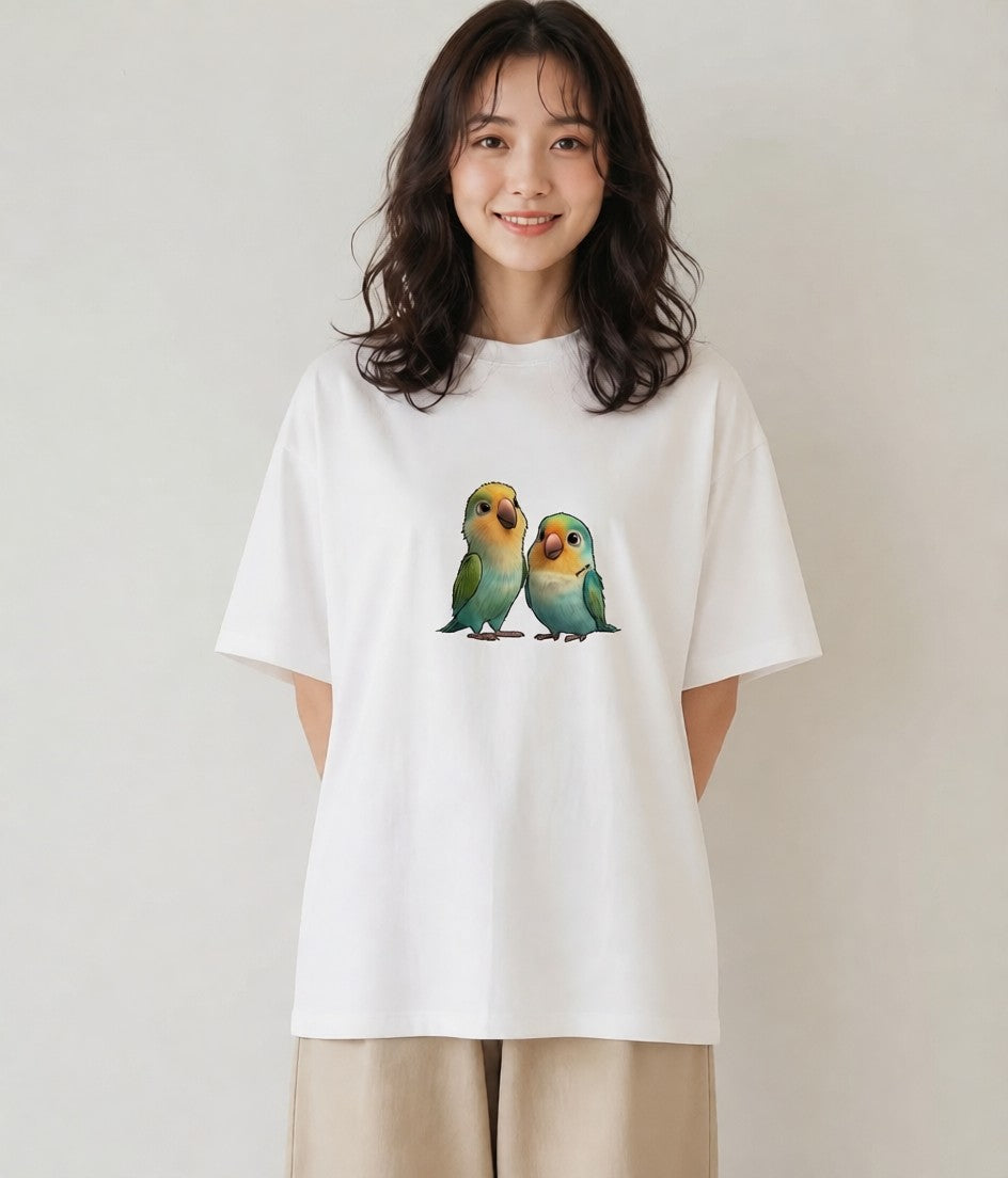 半袖Tシャツ レディース コザクラインコ ペット 動物 イラスト ラフ デイリーウェア 休日 白T YMAZO