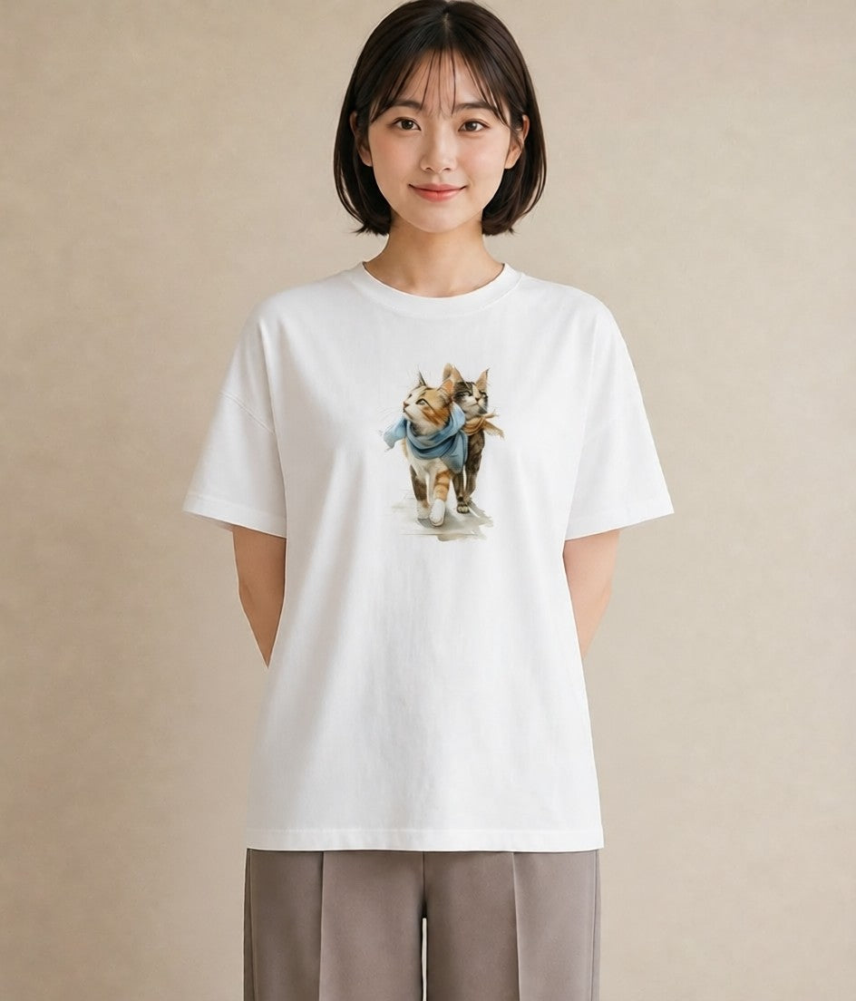 プリントTシャツ レディース ソマリ 猫 ねこ イラスト アート風 カフェ服 クリスマス 白T YMAZO