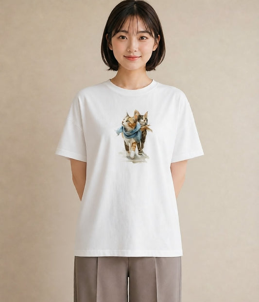 プリントTシャツ レディース ソマリ 猫 ねこ イラスト アート風 カフェ服 クリスマス 白T YMAZO