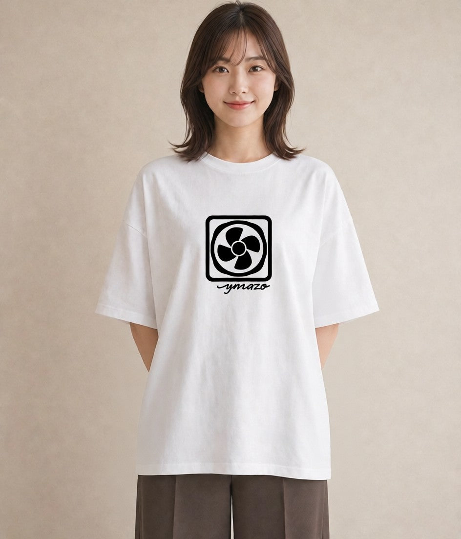 プリントTシャツ レディース 扇子 そよ風 ナチュラル アンティーク イラスト アート風 公園 ママ 白T YMAZO