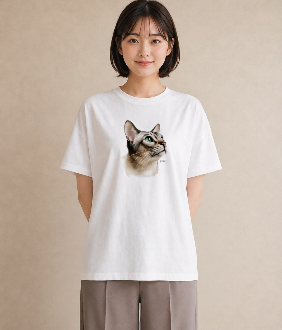 Tシャツ レディース キジトラ 猫 ねこ イラスト ヴィンテージ風 お出かけ 普段着 白T YMAZO