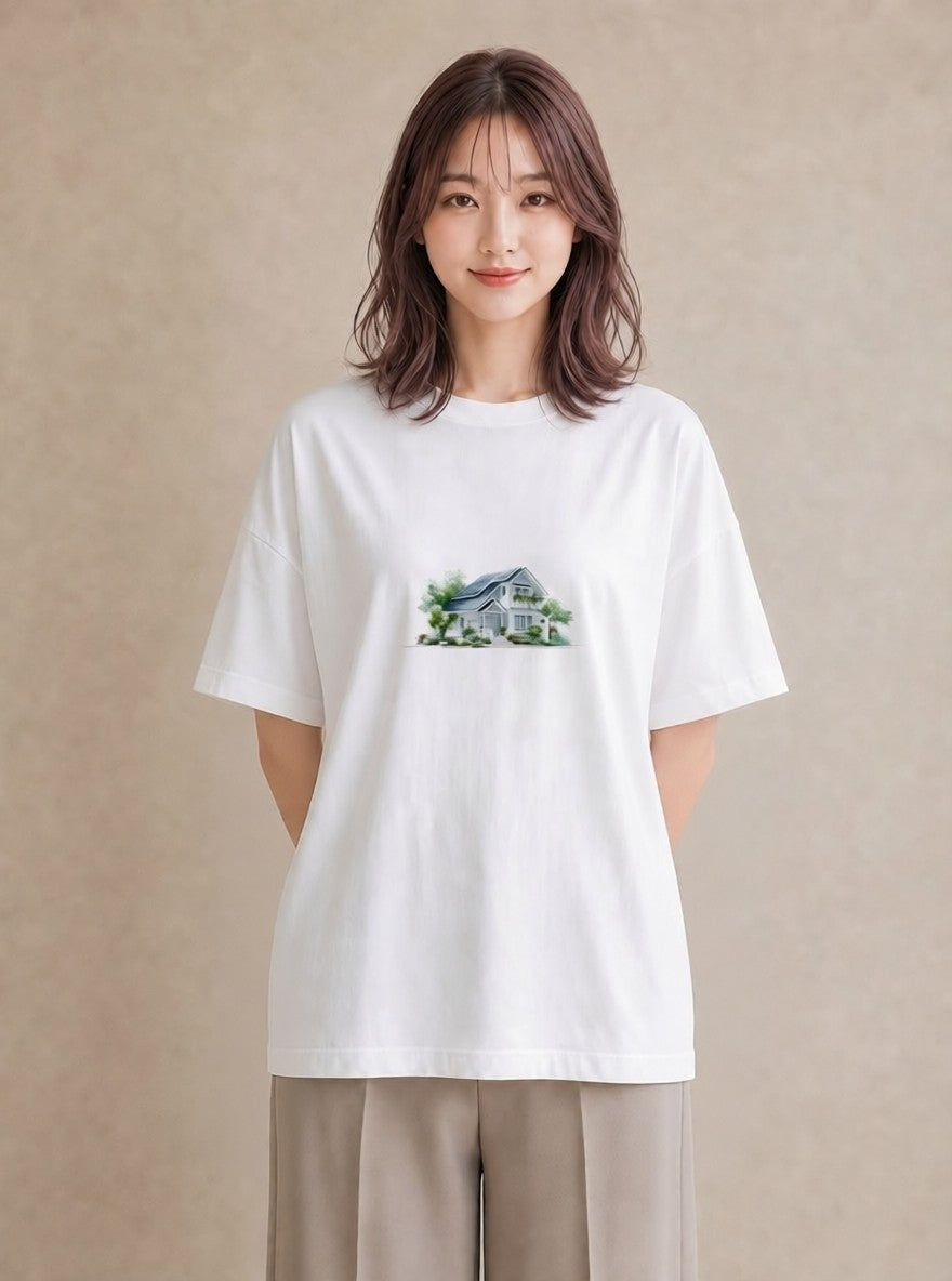 半袖Tシャツ レディース 遠い家と鳥 風景 鳥 ナチュラル アンティーク イラスト きれいめ 旅行 母娘コーデ 白T YMAZO