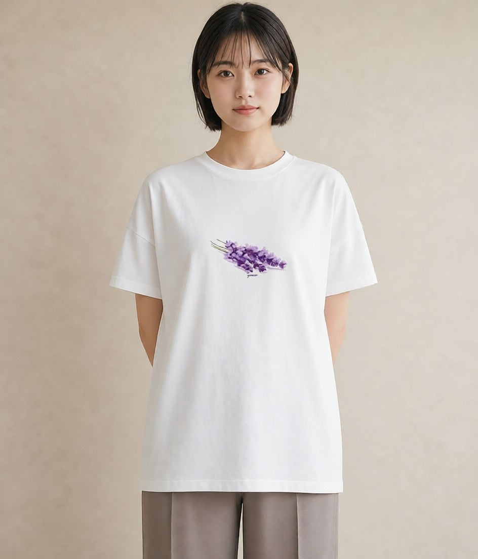 半袖Tシャツ レディース ラベンダー 花 花柄 イラスト カフェコーデ 誕生日プレゼント 綿100 白T YMAZO