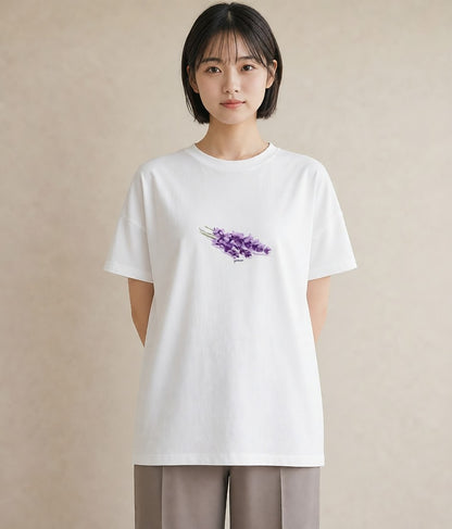 半袖Tシャツ レディース ラベンダー 花 花柄 イラスト カフェコーデ 誕生日プレゼント 綿100 白T YMAZO