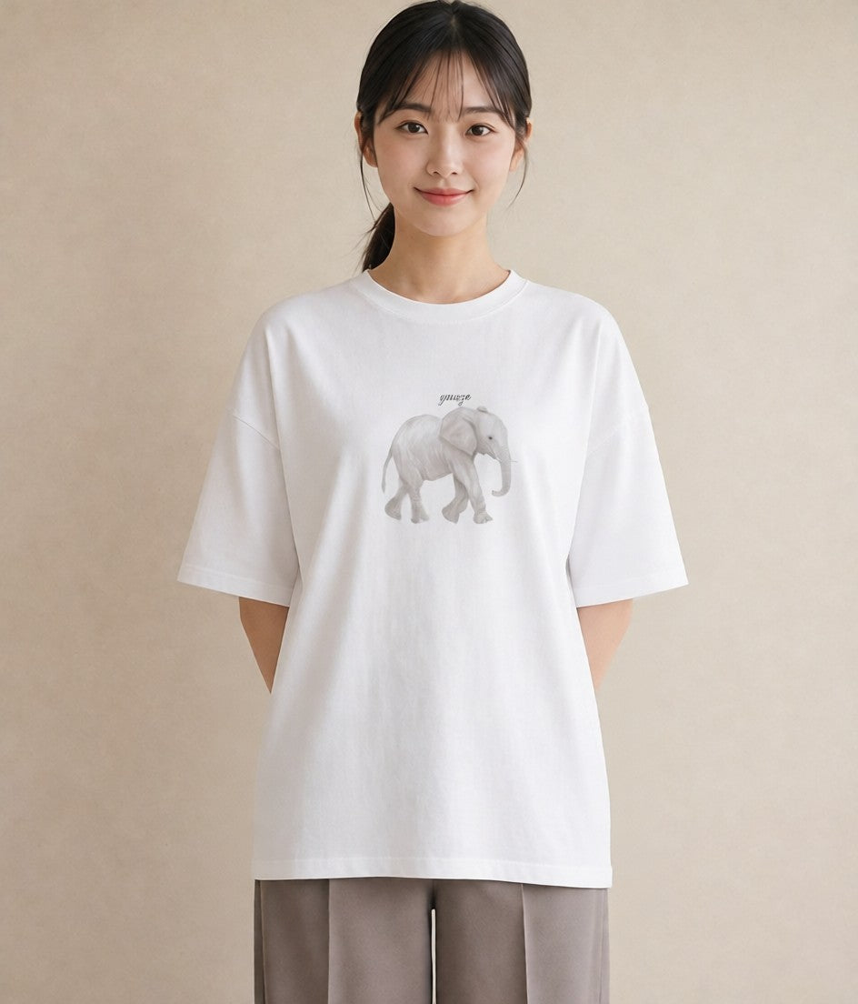 Tシャツ レディース ぞう 動物 アニマル イラスト ミニマル 通勤 在宅 白T YMAZO