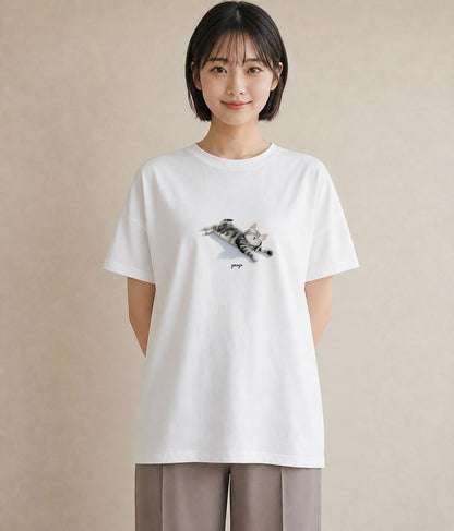 デザインTシャツ レディース 猫の手 猫 ねこ イラスト 水彩風 散歩 お出かけ 白T YMAZO