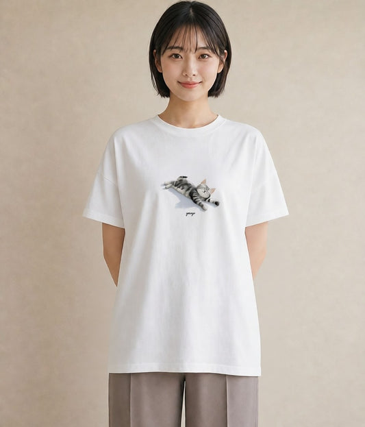 デザインTシャツ レディース 猫の手 猫 ねこ イラスト 水彩風 散歩 お出かけ 白T YMAZO