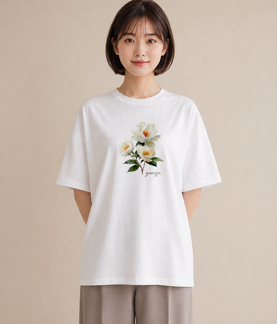 Tシャツ レディース 牡丹 花 花柄 イラスト モード デート 帰省 白T