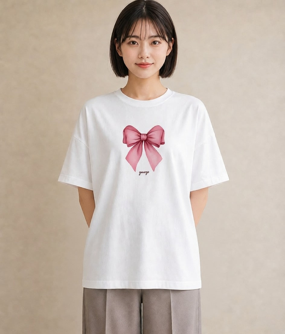 グラフィックTシャツ レディース リボン 蝶結び ナチュラル アンティーク イラスト ラフ 通学 誕生日プレゼント 白T YMAZO