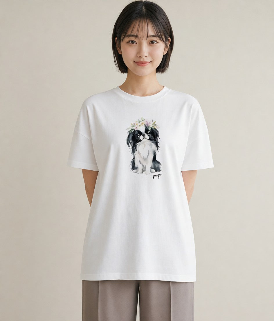 半袖Tシャツ レディース 狆 犬 いぬ イラスト ゆるコーデ ホワイトデー 春服 白T YMAZO
