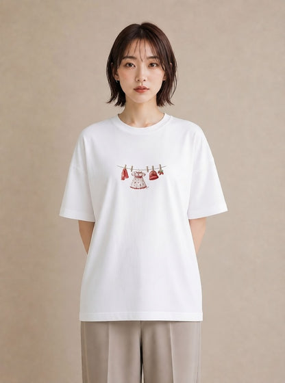 半袖Tシャツ レディース 洗濯物 風 ナチュラル アンティーク イラスト 抜け感 友達ギフト 部屋着 白T YMAZO