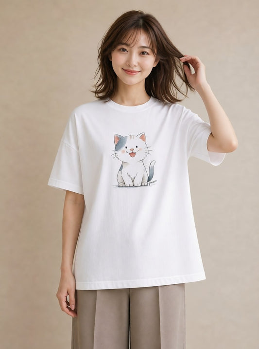 Tシャツ レディース ねこ 猫 ネコ イラスト きれいめ 20代 カジュアルコーデ 白T YMAZO