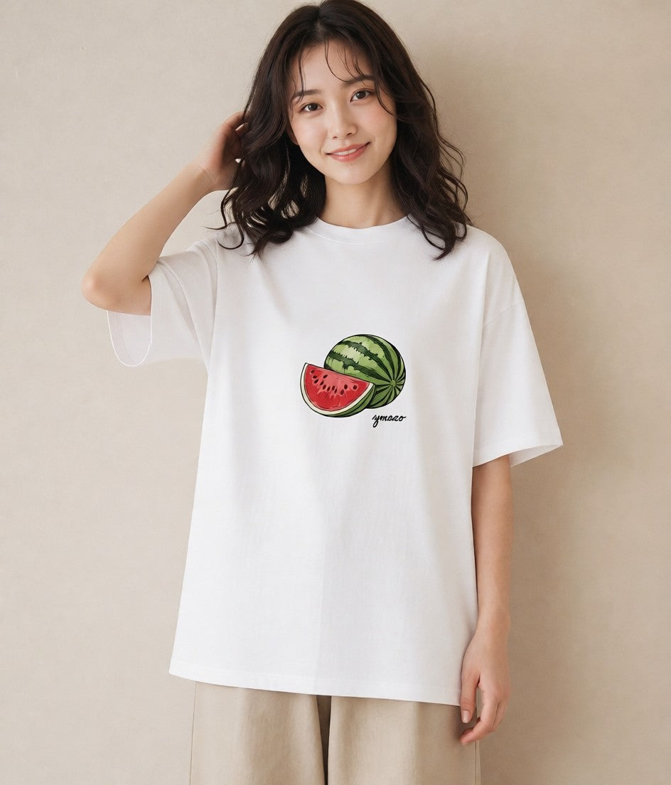 デザインTシャツ レディース すいか 食べ物 フード イラスト 可愛い 週末コーデ 敬老の日 白T YMAZO