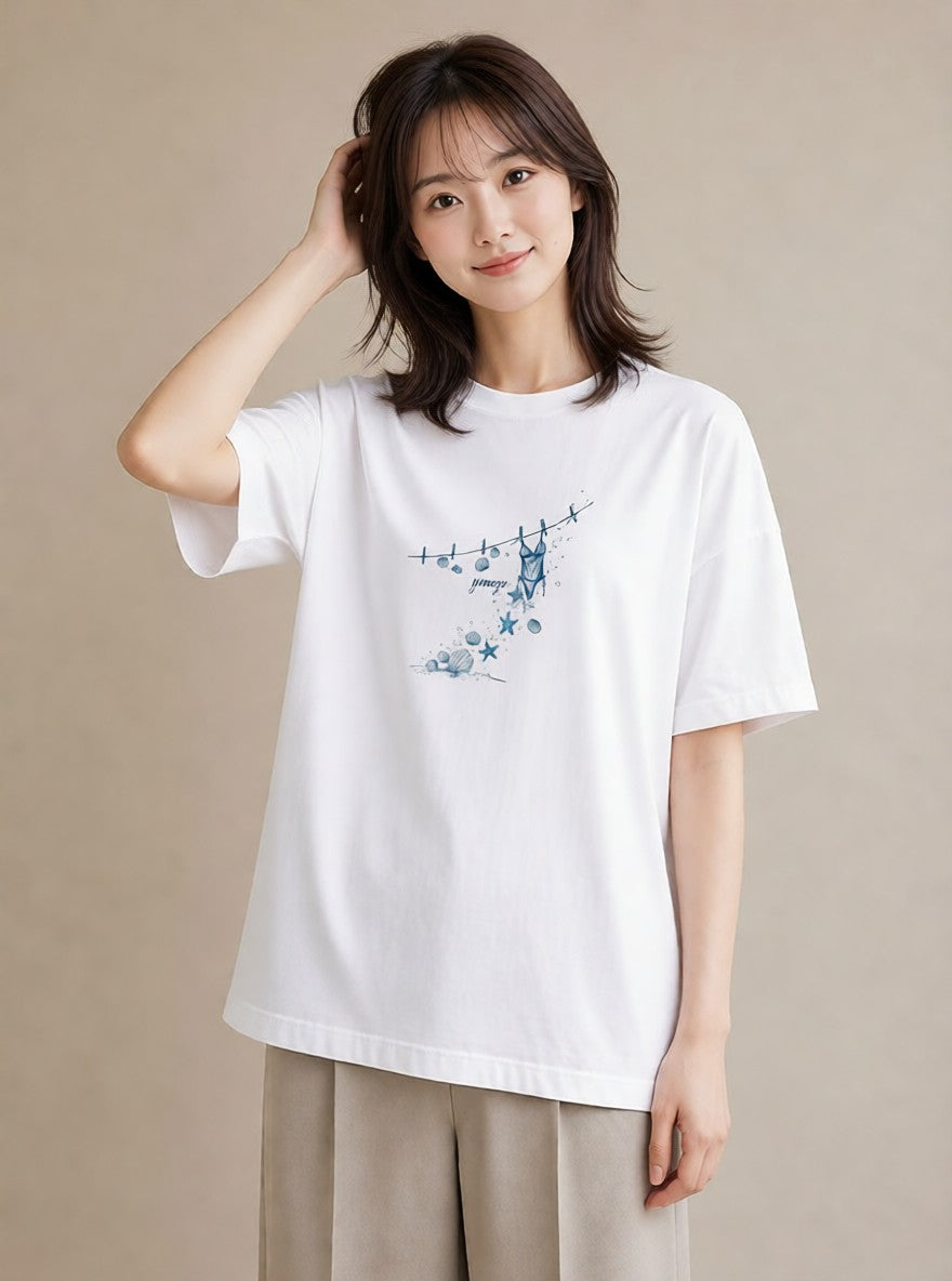 グラフィックTシャツ レディース 洗濯物 風 ナチュラル アンティーク イラスト こなれ感 夏コーデ 通学 白T YMAZO