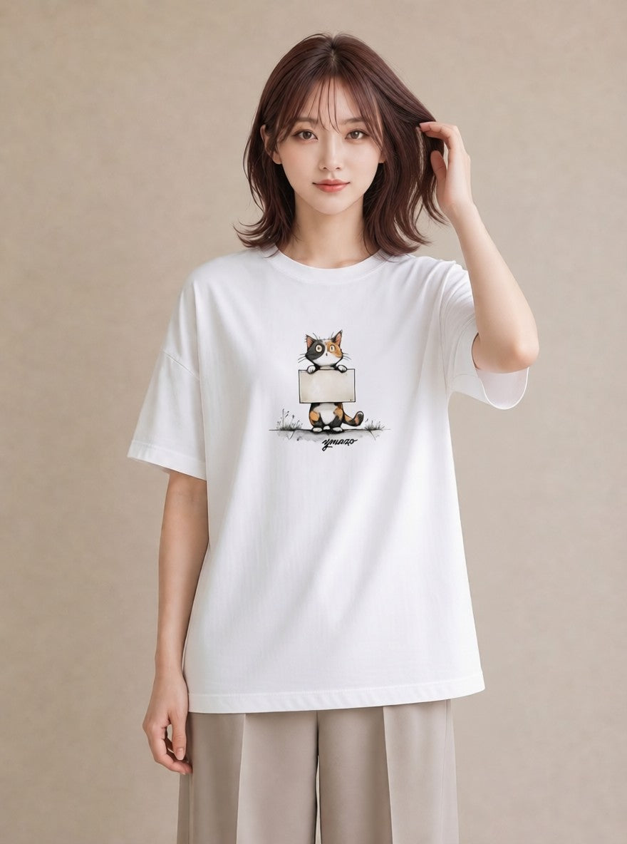 デザインTシャツ レディース サビ猫 猫 ねこ イラスト ヴィンテージ風 海 カフェ巡り 白T YMAZO