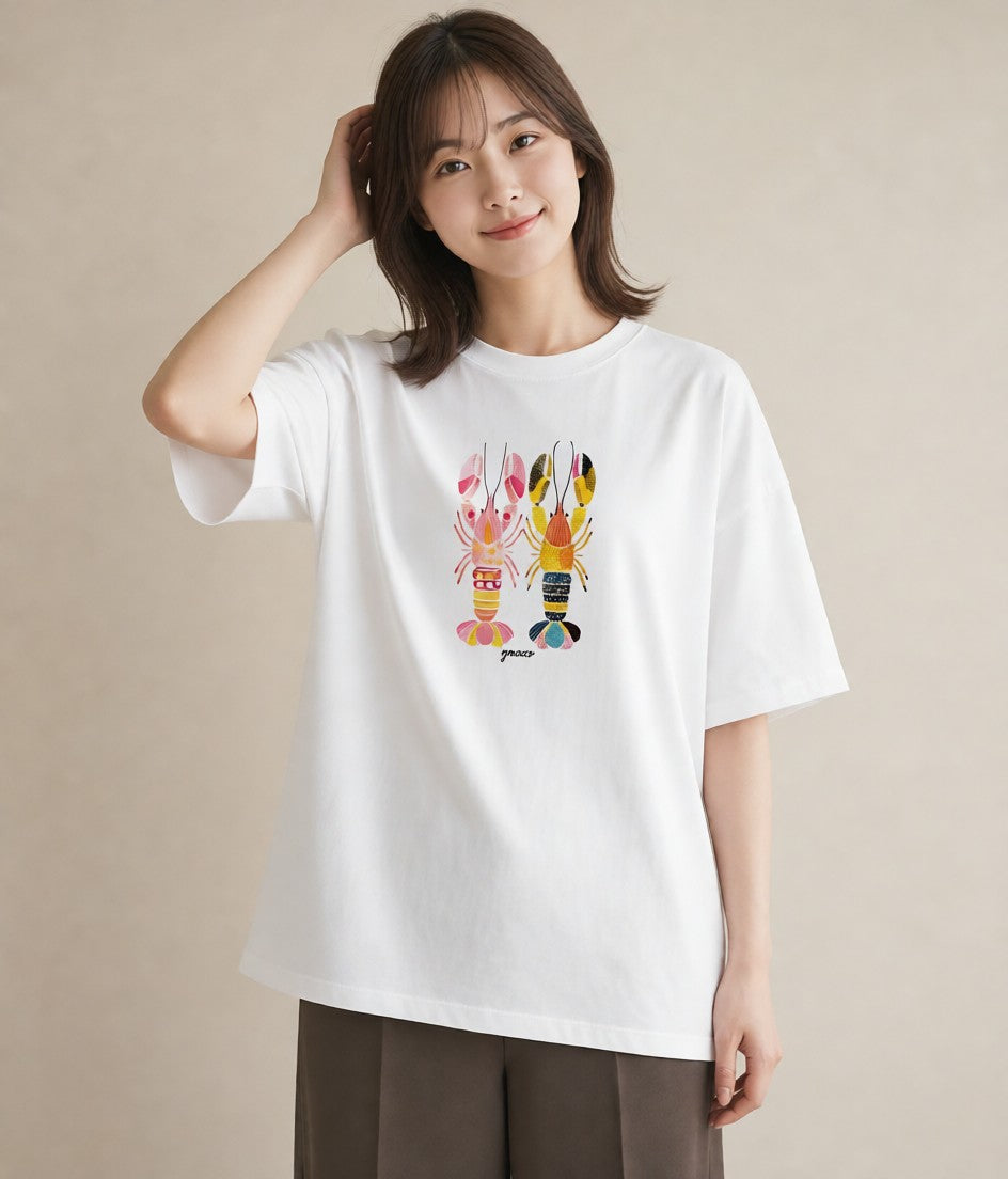 プリントTシャツ レディース エビ 海の生き物 海 イラスト お揃い 親子 白T YMAZO