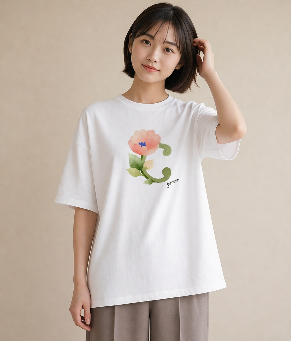 プリントTシャツ レディース パンジー 花 花柄 イラスト アート風 普段着 週末コーデ 白T
