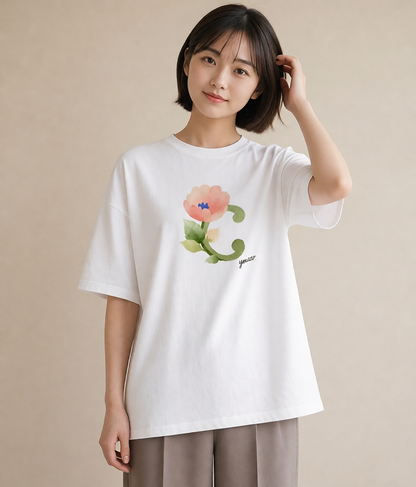 プリントTシャツ レディース パンジー 花 花柄 イラスト アート風 普段着 週末コーデ 白T