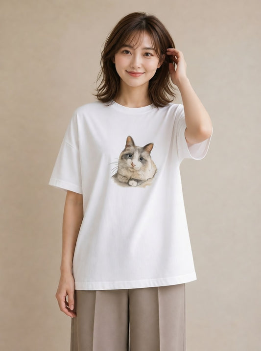 グラフィックTシャツ レディース 靴下猫 猫 ねこ イラスト カフェコーデ 在宅 公園 白T YMAZO