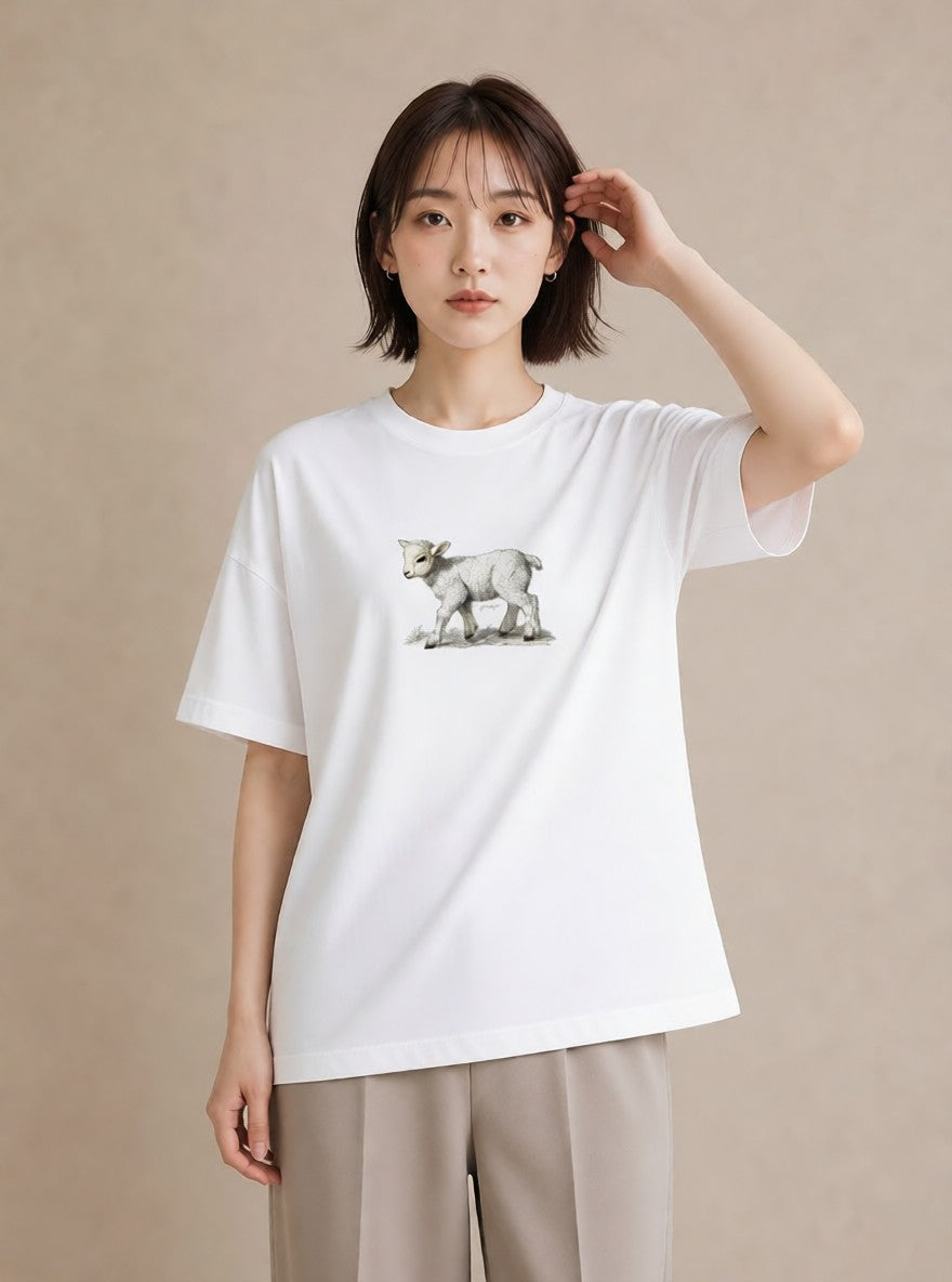 半袖Tシャツ レディース ひつじ 動物 アニマル イラスト 抜け感 綿100 デート 白T YMAZO