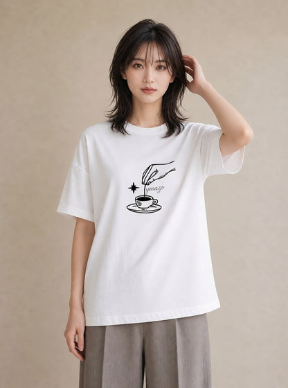 Tシャツ レディース コーヒー カフェ 珈琲 イラスト 水彩風 誕生日プレゼント 綿100 白T YMAZO
