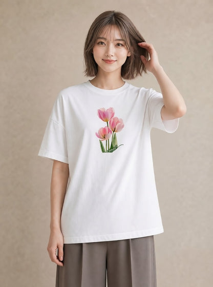 半袖Tシャツ レディース チューリップ 花 花柄 イラスト こなれ感 クリスマス 旅行 白T YMAZO